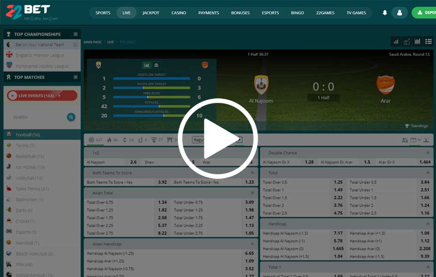 22bet live stream